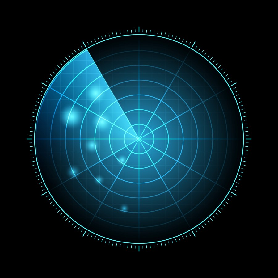 HUD radar with targets in action. Military search system, vector